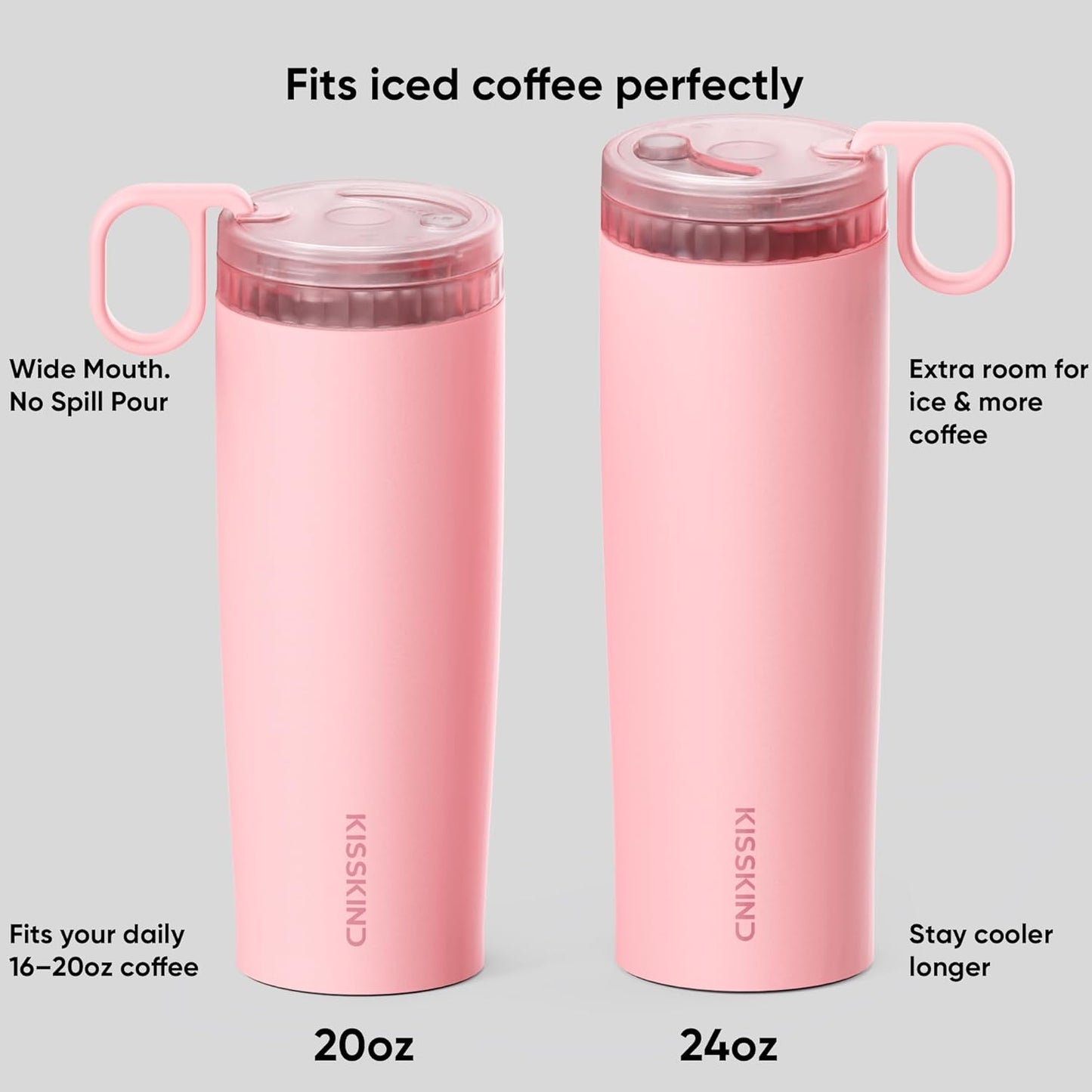 KISSKIND Iced Coffee Tumbler with Hidden Straw, 20 oz Reusable Iced Coffee Cup, Ceramic Lined Travel Mug Fits in Bags and Car Cupholders, 100% Leakproof Cold Brew Cup, No Spill, Peach Sorbet