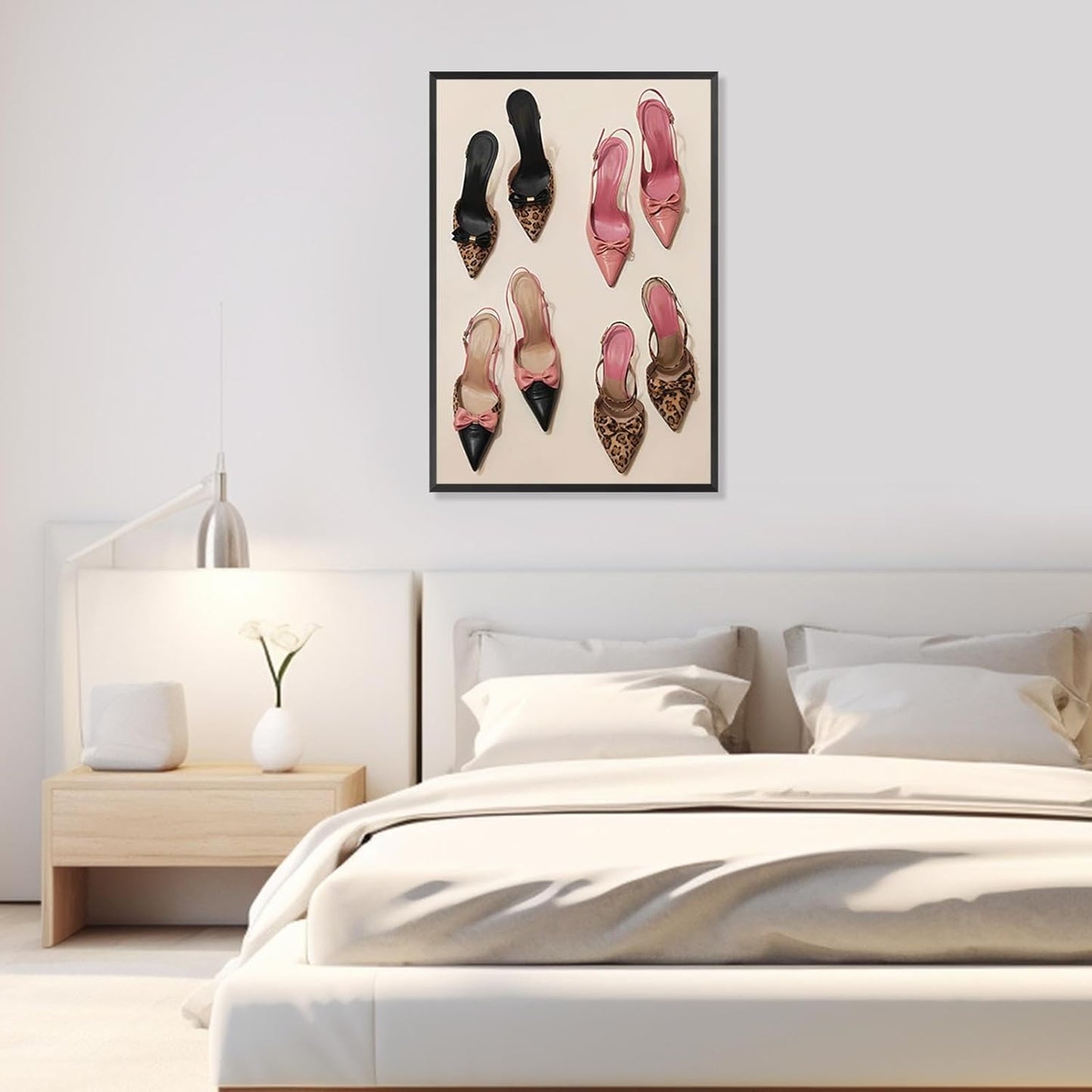 Pink Bow Leopard Heels Canvas Wall Art Funky Heel Leopard Posters Coquettish Preppy Girly Pink Aesthetic Prints Painting For Living Room Bedroom Dorm Apartment Wall Decor 12x16in Unframed