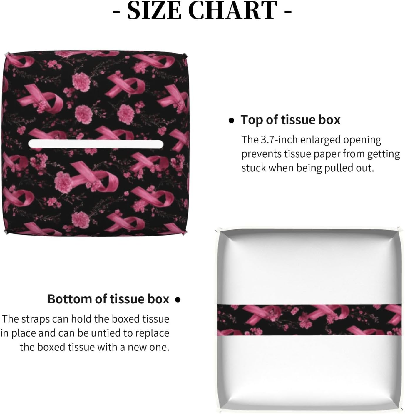 Pink Ribbon Flowers Print Tissue Box Cover Holder Square, Foldable Modern Cube Tissue Box Cover, Leather Decorative Organizer for Tabletop Bathroom Car Office Desk Decor