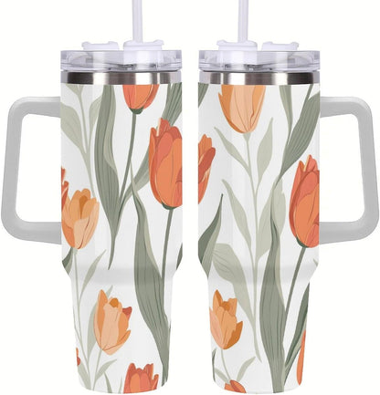 40oz Tumbler with Handle, Peach Orange Tulip Leaf Pattern Printed Stainless Steel Travel Mug, Insulated Car Cup with Straw, Keeps Drinks Hot & Cold, Personalized Gift for Women & Men