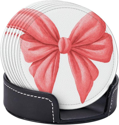 Watercolor Cute Bow Light Red and Pink Premium Leather Coasters, Set of 6 with Holder, Stylish Beverage Coasters for Kitchen Coffee Bar