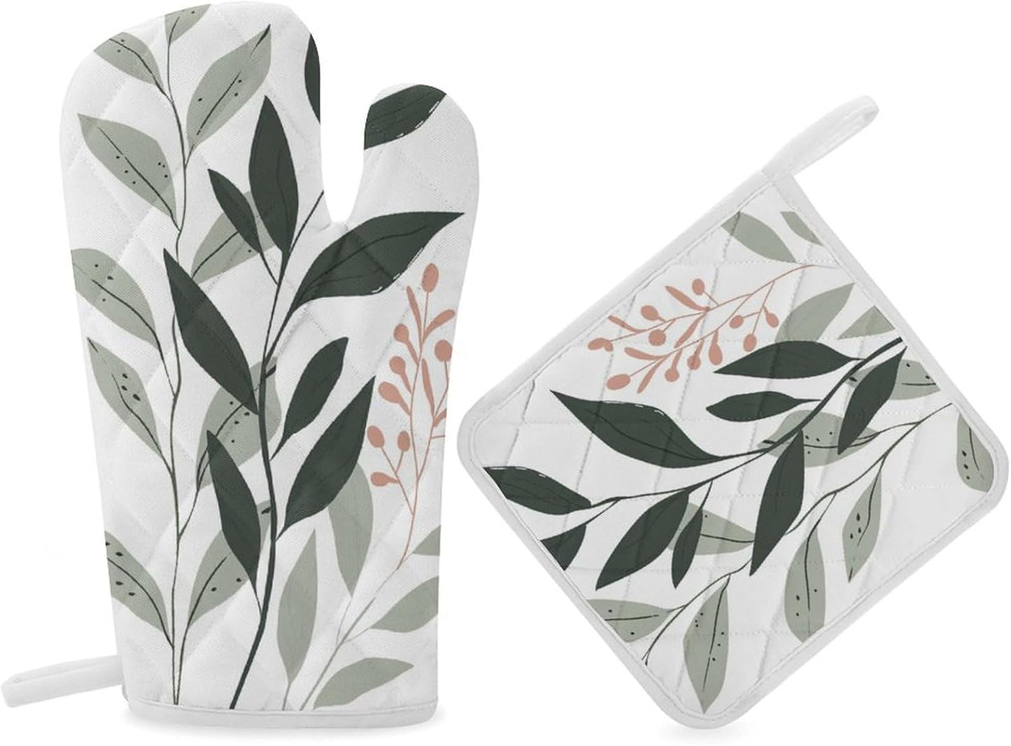 Sage Green and Blush Pink Oven Mitts and Pot Holders Minimalist Modern Boho Kitchen Cooking Gloves 2 Pcs Set Heat Resistant Pad for Baking BBQ Home Decor