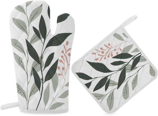 Sage Green and Blush Pink Oven Mitts and Pot Holders Minimalist Modern Boho Kitchen Cooking Gloves 2 Pcs Set Heat Resistant Pad for Baking BBQ Home Decor