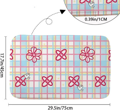Washable Rug Pastel Checkerboard Pink Flowers Bows Holiday Bathroom Rugs Shower Mat Rubber Floor Mats for Home Traction Trap Water Non Slip Quick Drying Household Pet Floor Bathroom Decor 18 X 30in