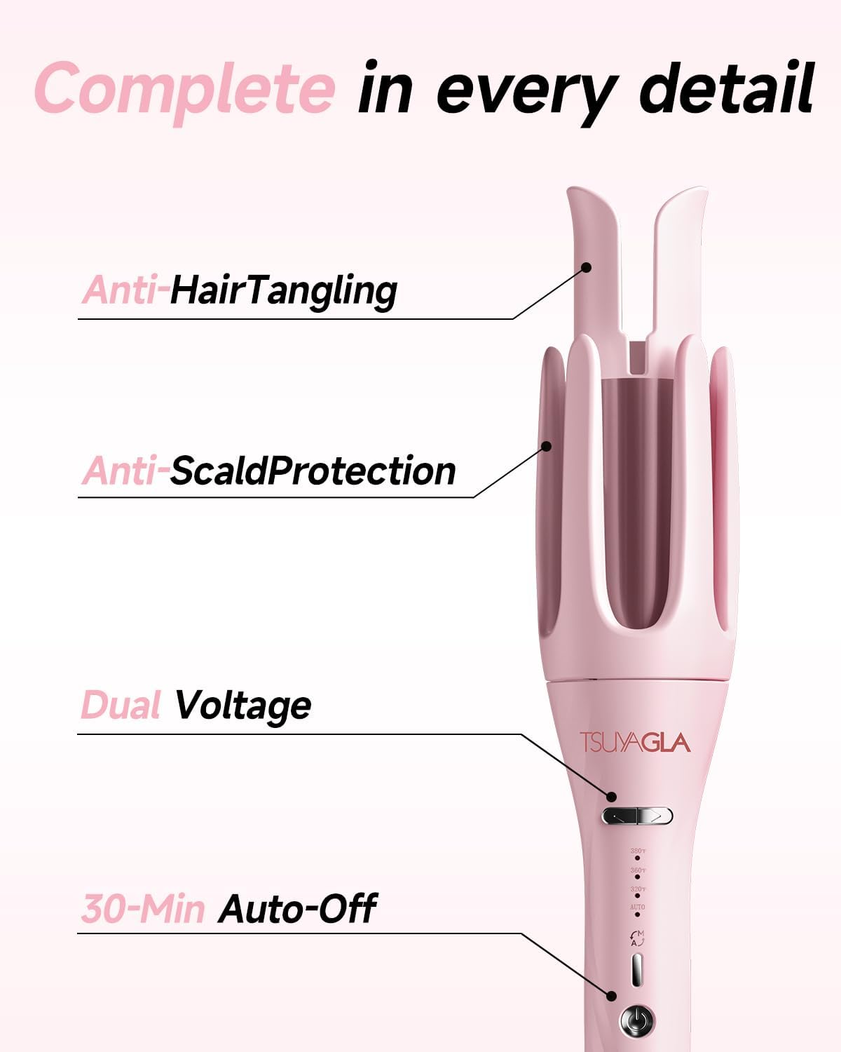 3 in 1 Automatic Curling Iron, Hair Curlers with 3 Curling Barrels (1" - 1.25" - 1.5"), Rotating Curling Iron with 3 Temp, 2-Way Rotation, 10S Fast Heating, Anti-Scald, Dual Voltage, Pink