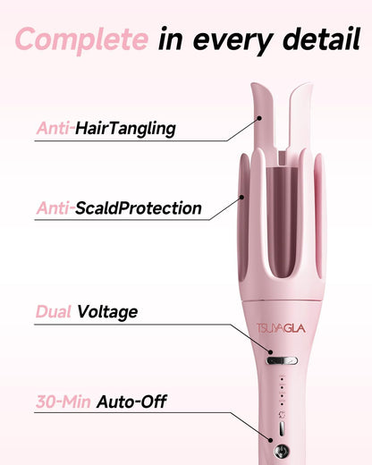 3 in 1 Automatic Curling Iron, Hair Curlers with 3 Curling Barrels (1" - 1.25" - 1.5"), Rotating Curling Iron with 3 Temp, 2-Way Rotation, 10S Fast Heating, Anti-Scald, Dual Voltage, Pink
