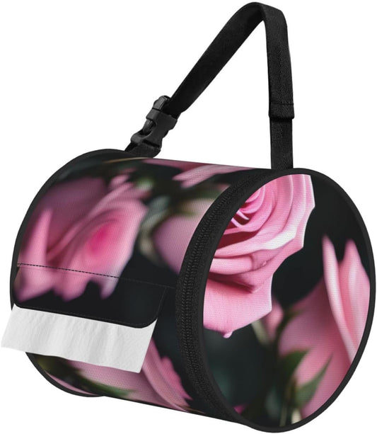 Pink Rose Print Print Cylinder Tissue Box Cover Portable Tissue Holder for Bathroom Car Office Home Indoor Outdoor