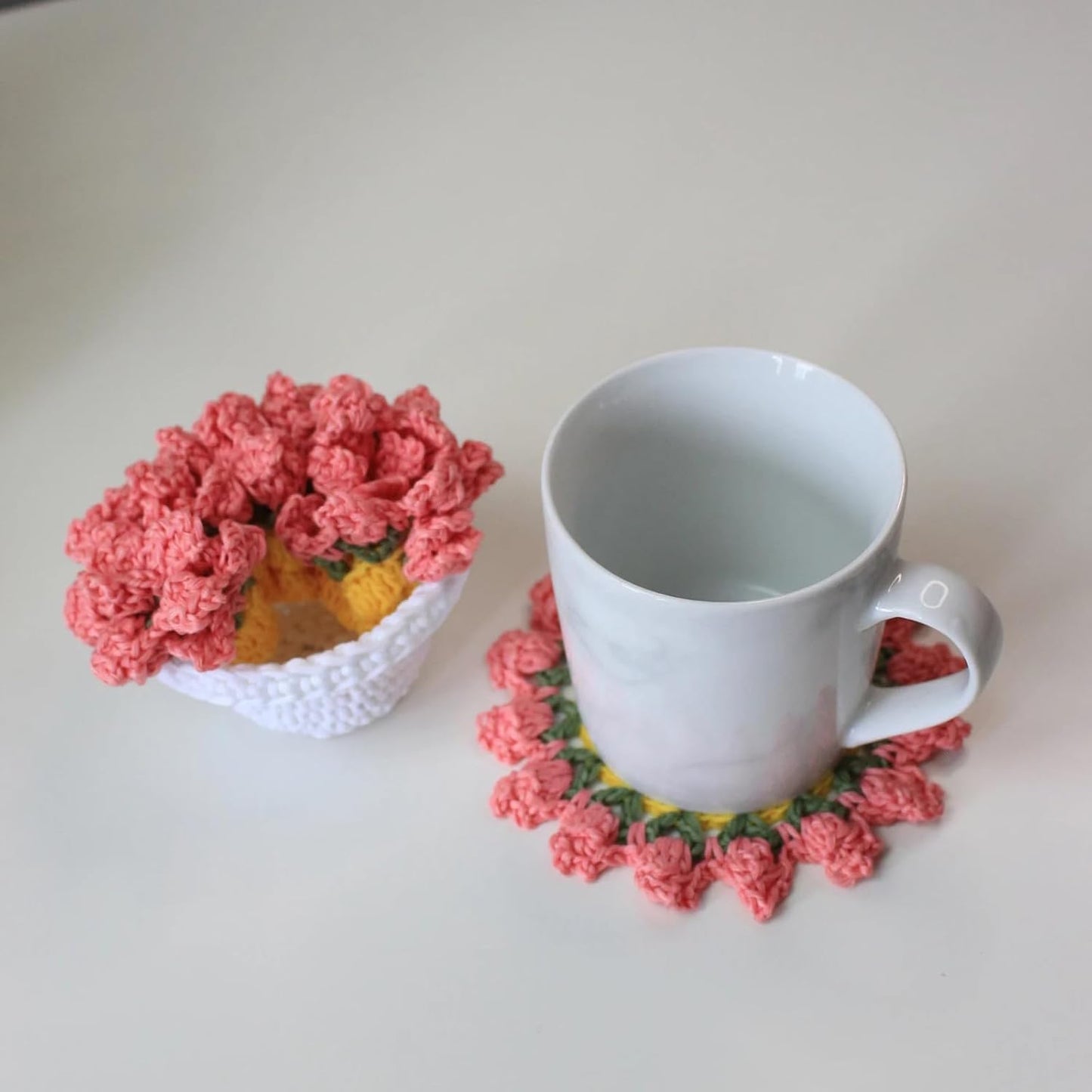 Cute Coasters Set of 4,Funny Pink Flower Coasters,Crochet Plant Pot Coaster Set for Drinks with Flowerpot Holder,Fun Soft Decorative Coasters Housewarming for New Home Bar Desk