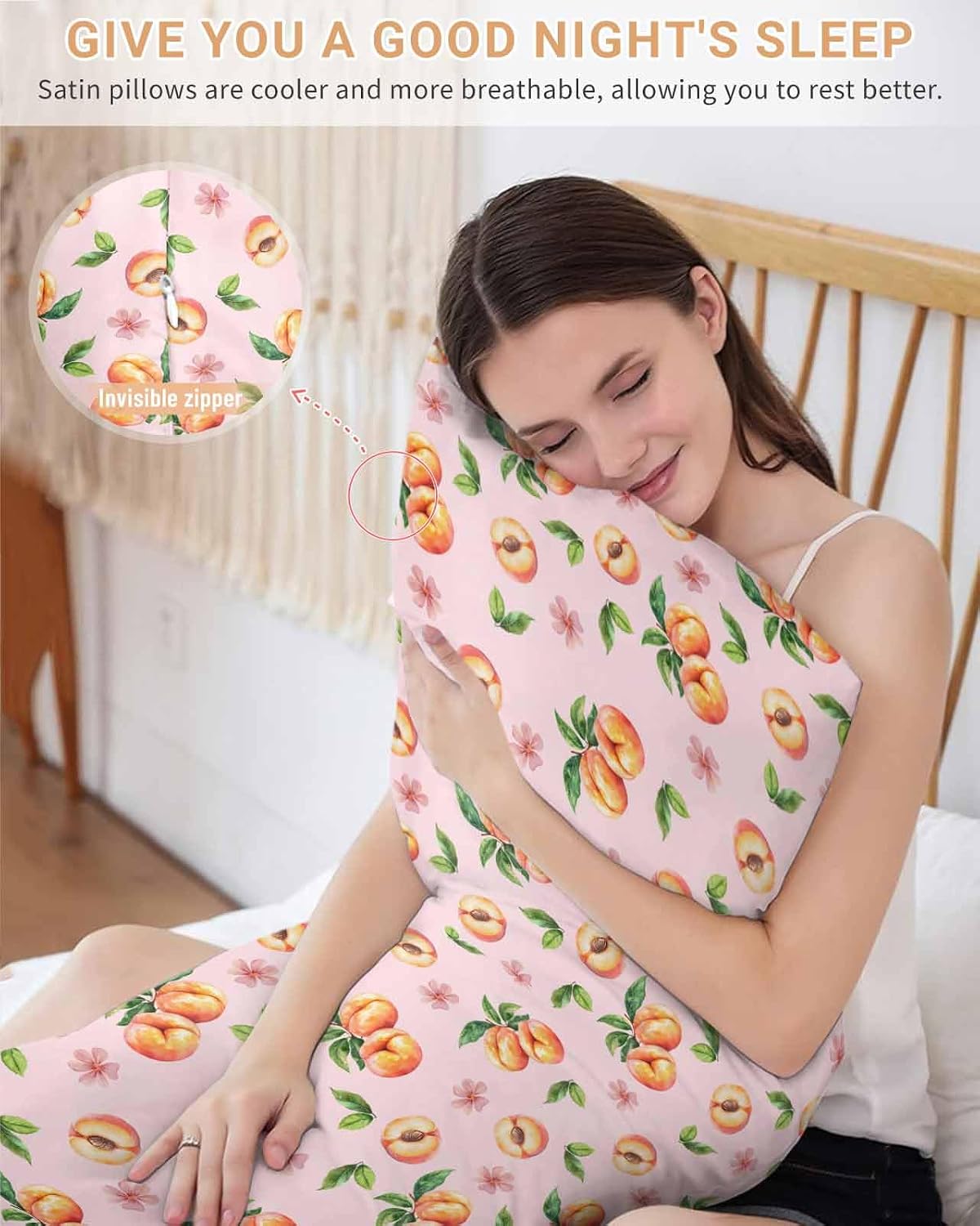 Peaches Pink Satin Pillowcase for Hair and Skin with Zipper, Soft Breathable Cooling Silk Pillow Cases, Summer Fruit Country Flowers Watercolor Throw Pillow Covers King Size 20''x40''