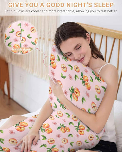 Peaches Pink Satin Pillowcase for Hair and Skin with Zipper, Soft Breathable Cooling Silk Pillow Cases, Summer Fruit Country Flowers Watercolor Throw Pillow Covers King Size 20''x40''