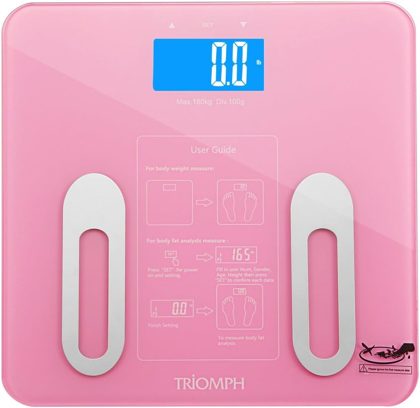 Triomph Precision Digital Bathroom Body Fat Scale with Backlit LCD Display, Body Composition Analyzer Measures Weight,Body Fat,Water,BMI,Muscle,Bone Mass and Calorie,400 lbs,Fat Loss Monitor,Pink