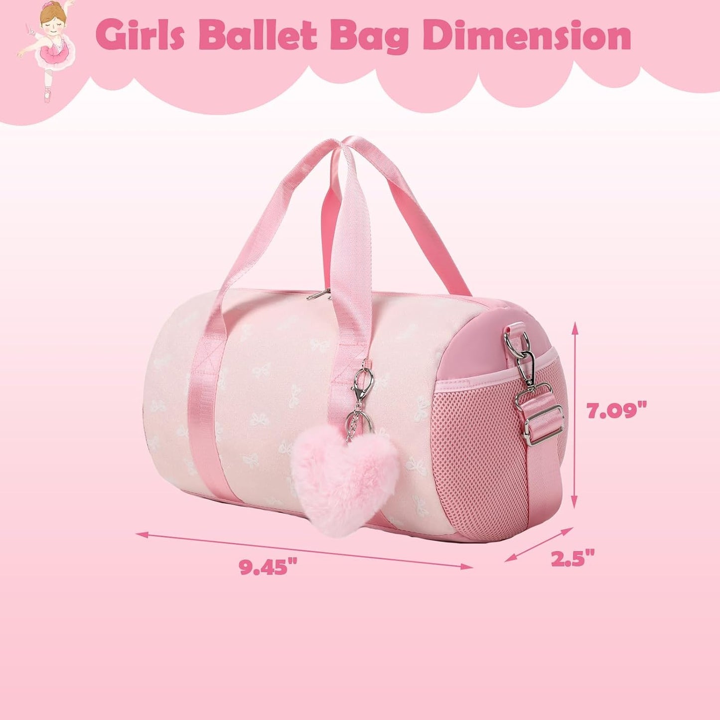 Little Girls Dance Bag, Glitter Girls Ballet Sports Duffle Bag with Shoulder Strap and Waterproof Wet Pocket Gymnastics Tote Bag for Dance Class Travel