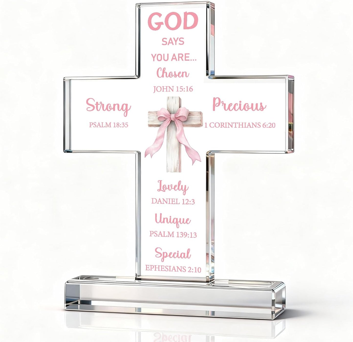 Novabright Pink Bow Room Decor, Pink Bow Christian Acrylic Cross Centerpieces, Inspirational Bible Verse Quotes Gifts for Women, Coquette Centerpieces Decor for Office Desk Accessories(Classic)