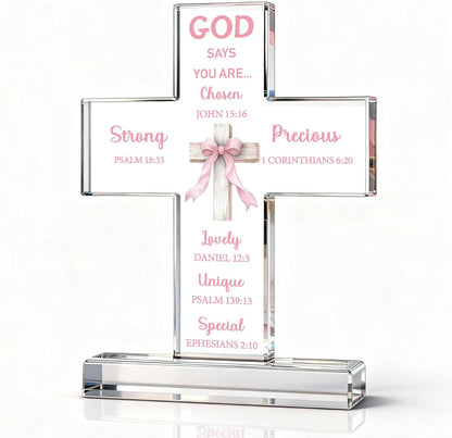 Novabright Pink Bow Room Decor, Pink Bow Christian Acrylic Cross Centerpieces, Inspirational Bible Verse Quotes Gifts for Women, Coquette Centerpieces Decor for Office Desk Accessories(Classic)