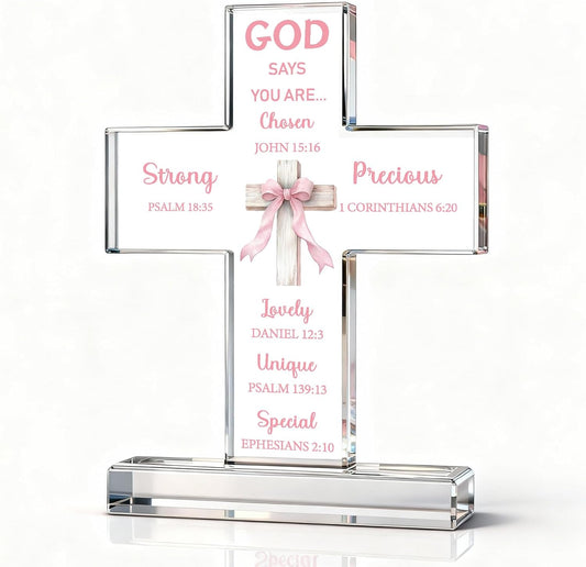 Novabright Pink Bow Room Decor, Pink Bow Christian Acrylic Cross Centerpieces, Inspirational Bible Verse Quotes Gifts for Women, Coquette Centerpieces Decor for Office Desk Accessories(Classic)
