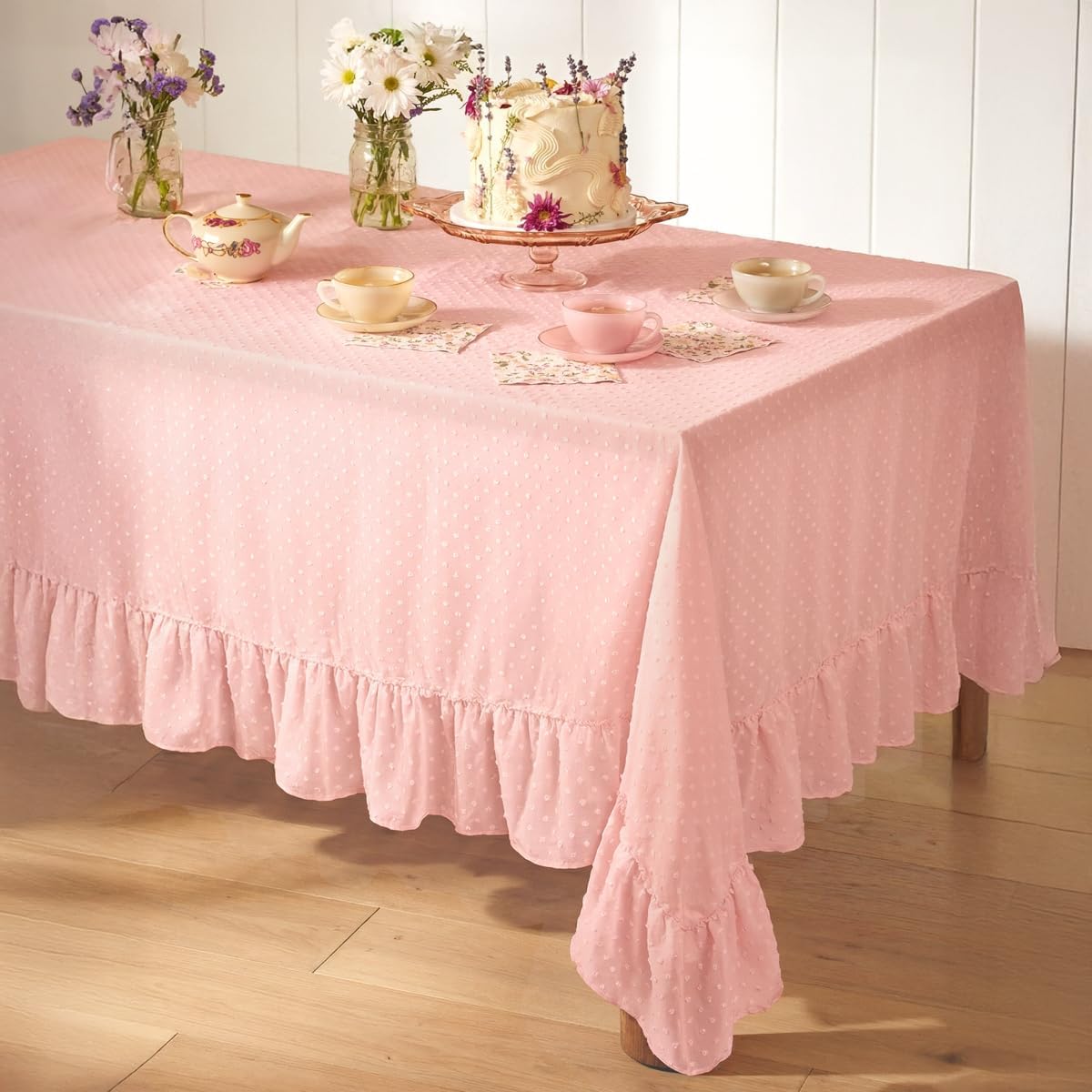 xo, Fetti Ruffle Tablecloth - Pink Polka Dot | Tea Party, Sheer Baby Pink Tablecloth, Party Decorations, Girly Decor, Coquette, Pastel