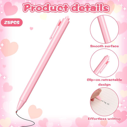 25 Pcs Pink Ballpoint Pens Bulk Retractable Aesthetic Writing Pens with Black Ink (1 mm Fine Point), Smooth & Comfortable for Back to School, Office, Teacher Classroom Rewards, Bridal Gifts for Women