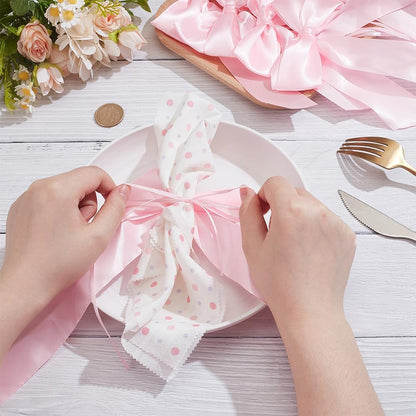 PH PandaHall 24pcs Pink Bowknot Ribbon Bow Napkin Ring Bow Tie Candlestick Decor Gift Wrapping Satin Bowknots Napkin Holder for Party Centerpiece Wedding Birthday Holiday Tabletop Crafts Decoration