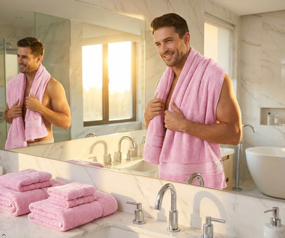 Luxury Cotton Bath Towel Set - 6 Piece - Pink - 100% Cotton - Quick Dry, Absorbent, Plush, Soft - Home, Hotel, Pool, Shower Towels