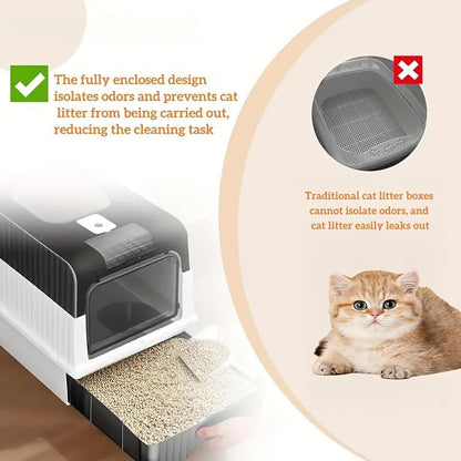 Foldable Enclosed Cat Litter Box with Drawer and Lid - Top Entry Splash-Proof Cat Toilet, Odor-Proof and Leak-Proof and Spaceful, Lightweight and Portable Pet Toilet with Scoop (Pink)