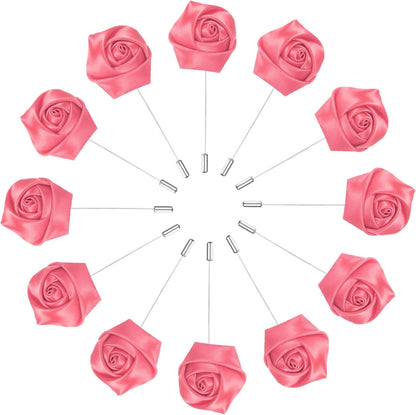 M METERXITY 12-Pack Flower Lapel Pins for Men, Rose Boutonnieres Pin Groom Boutonnieres for Wedding/Dance/Party, Men Lapel Pins for Suits Satin Flower Corsage [Dark Pink]