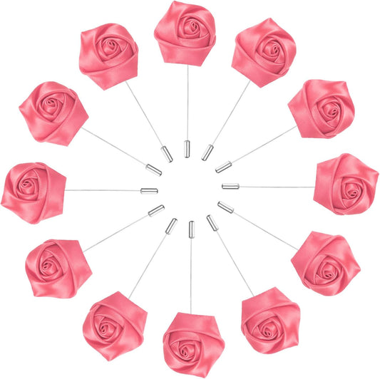 M METERXITY 12-Pack Flower Lapel Pins for Men, Rose Boutonnieres Pin Groom Boutonnieres for Wedding/Dance/Party, Men Lapel Pins for Suits Satin Flower Corsage [Dark Pink]