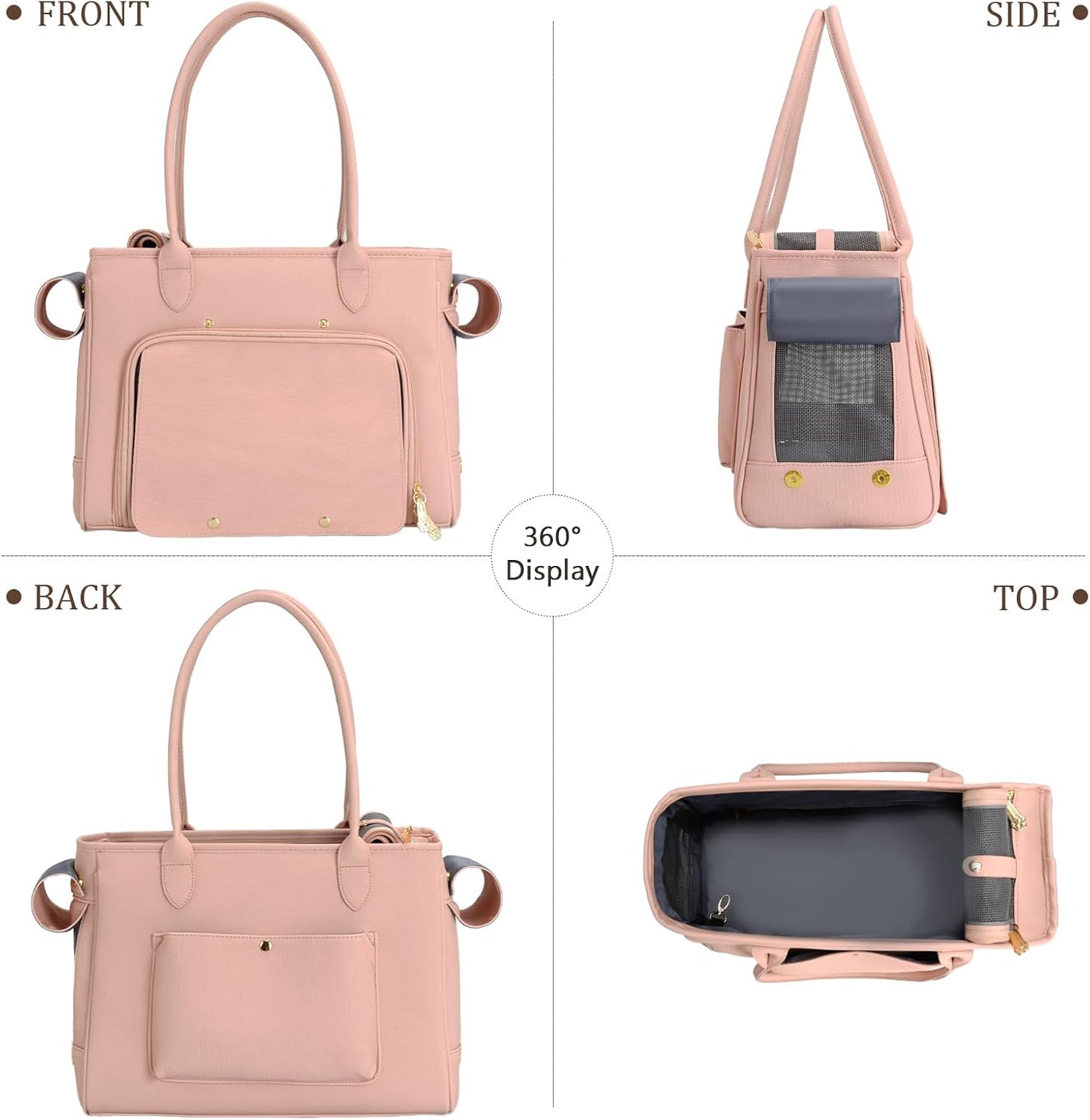 Minsong Fashion Pet Carrier Purse for Small Cat and Dog, Luxury Pu Soft-Sided Tote Bag with Large Pockets for Dogs and Puppies (Pink, 15.8" L x 7.5" W x 11.8" H)