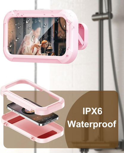 Shower Phone Holder Waterproof, 480°Rotation Wall Mount Shower Phone Case, HD Touch Screen Waterproof Phone Holder for Bathroom Bathtub Kitchen, Fit 4-7" Phone (Pink)