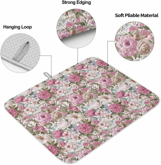 Dish Drying Mat 16 x 18 Inch, Light Pink Spring Floral Absorbent Microfiber Coffee Mats for Kitchen Vintage Summer Botanical Quick Drying Dish Drainer Pad 1 Pack