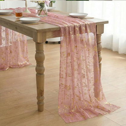 Horaldaily Pink Gold Gauze Tablecloth 60x84 Inch Rectangular, Golden Glitter Metallic Foil Thin Mesh Table Cover, Sheer Tulle Cheesecloth for Wedding Baby Shower Party
