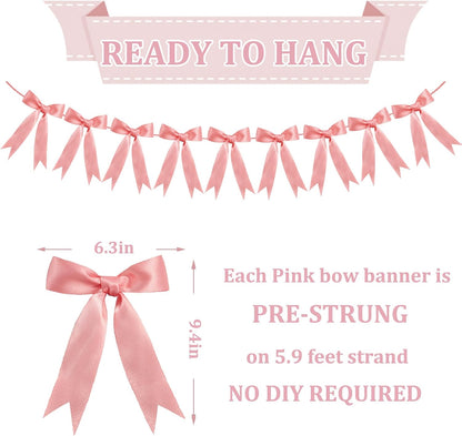 Bow Garland Ribbon Bow Banner for Coquette Birthday Decortions Girls Baby Shower Bow Party Decor (Peach Pink)