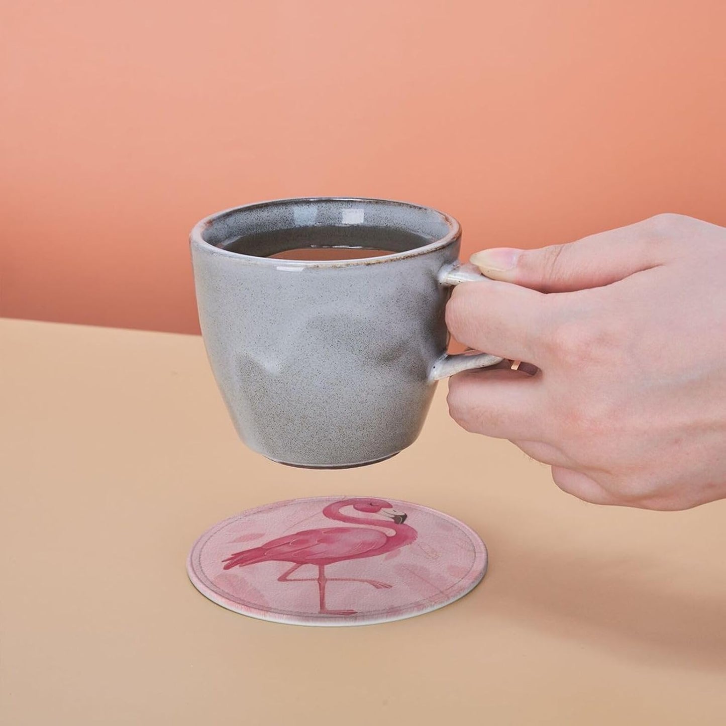 6 Pcs Pink Cute Flamingo Modern Art Boho Leather Coasters for Drinks with Holder Coaster Sets Drink Table Cup Coasters for Living Room Kitchen Coffee Decor