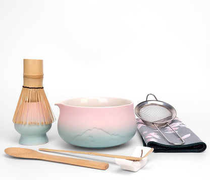 Joyscale Matcha Whisk Set, Matcha Set Whisk And Bowl, 8 Pcs Matcha Kit Set(Distant Mountains Design), 18 OZ, Japanese Matcha Tea Set, Matcha Making Kit Gifts for Tea Lovers(Pink Green)