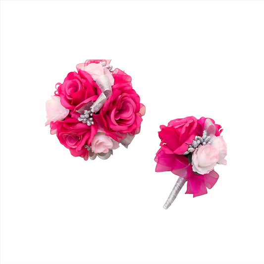 Ansuma Hot Pink Rose Corsage Boutonniere Set Real Touch Flowers for Men and Women, Bride Bridesmaid Groom Fuchsia Wedding Flowers Accessories Prom Party Dinner Dance Anniversary (Fuchsia)