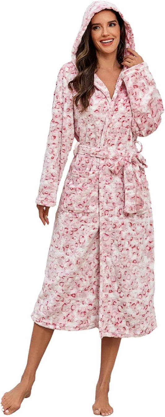 RONGTAI Womens Robes Plush Fleece Hooded Bathrobe Thick Nightgown with Pockets Fluffy Sleepwear (US, Alpha, XX-Large, Plus, Long, Pink Leopard)