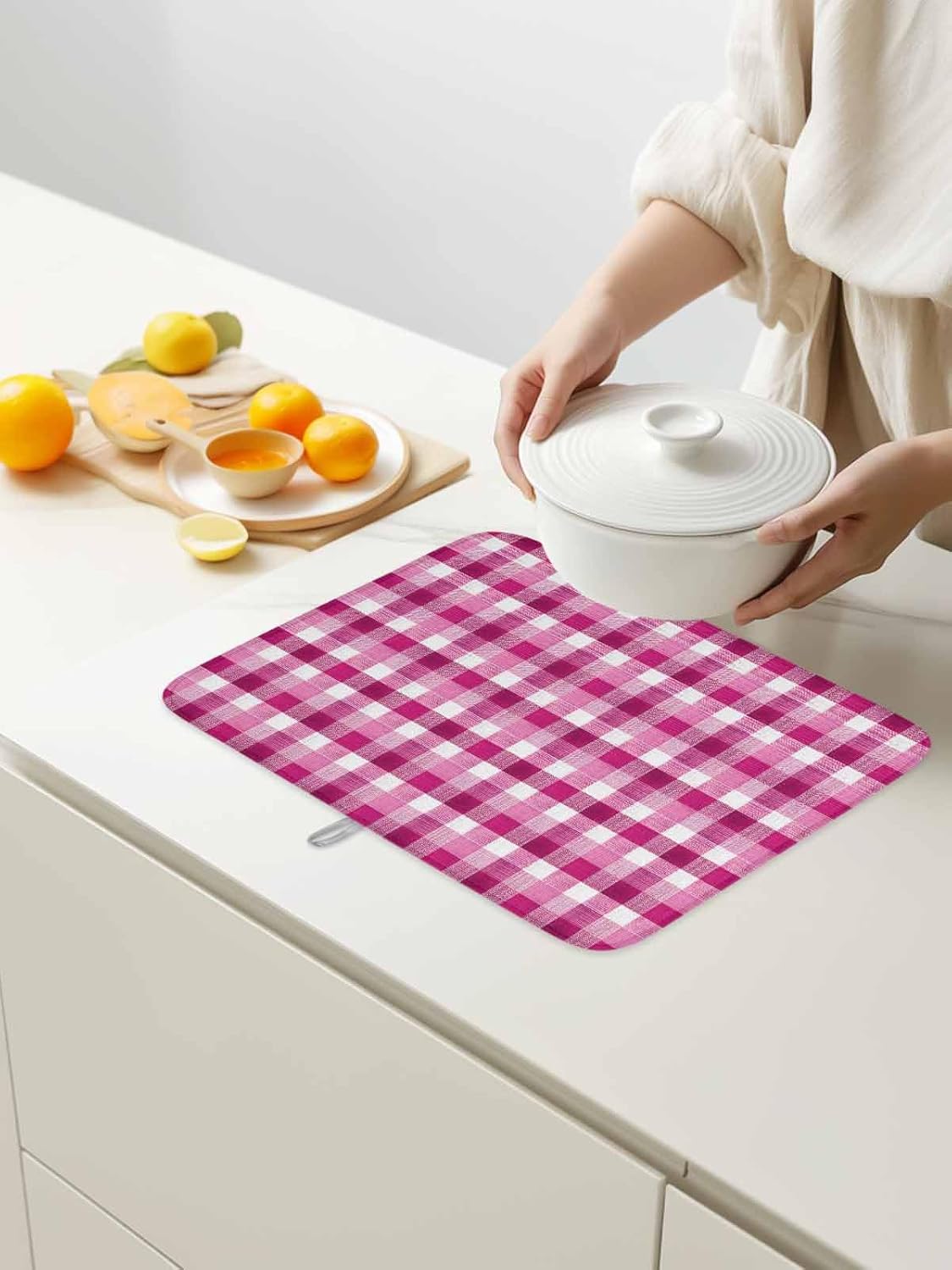 Pink White Check Dish Drying Mat 18x24 inch Modern Pink Theme Simple Super Absorbent Microfiber Dish Drying Pad for Kitchen Countertops Sink Dish Drainer Racks Coffee Bar Mats 2 Pack