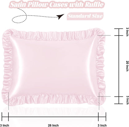 Homiest Ruffle Satin Pillowcase for Hair and Skin, Standard Size Satin Pillow Covers Silky Pillow Cases Set of 2, Satin Ruffled Pillowcase with Envelope Closure, Anti Wrinkle Pillow Shams (Blush Pink)