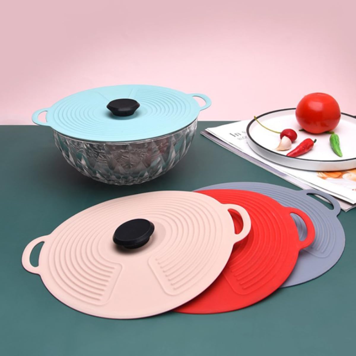 Hemobllo Silicone Food Storage Bowl Lid Medium Size Nordic Pink, Vacuum Sealing Fresh Keeping Cover for Refrigerator and Microwave, Heat Resistant Kitchen Silicone Sealing Bowl Cover