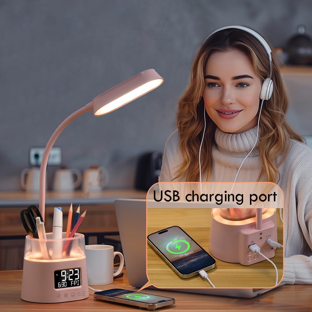 WILIT LED Desk Lamp for College Dorm Room Essentials, Students Study Lamp with USB Charging Port, Pen Holder, Clock & RGB Night Light, Office Desk Light Accessories, Table Lamp for Bedroom - Pink