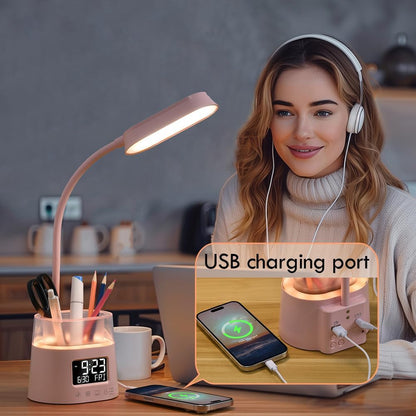 WILIT LED Desk Lamp for College Dorm Room Essentials, Students Study Lamp with USB Charging Port, Pen Holder, Clock & RGB Night Light, Office Desk Light Accessories, Table Lamp for Bedroom - Pink