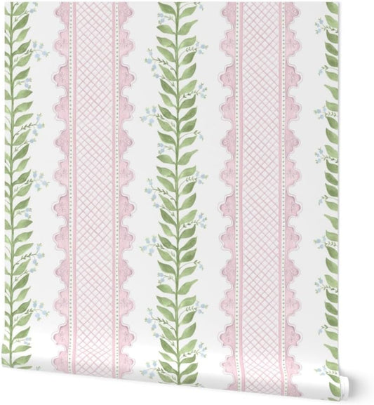 Spoonflower Peel & Stick Wallpaper Swatch - Preppy Pink Stripe Green Vine Large Traditional Classic Cottage Grandmillennial Botanical Floral Custom Removable Wallpaper
