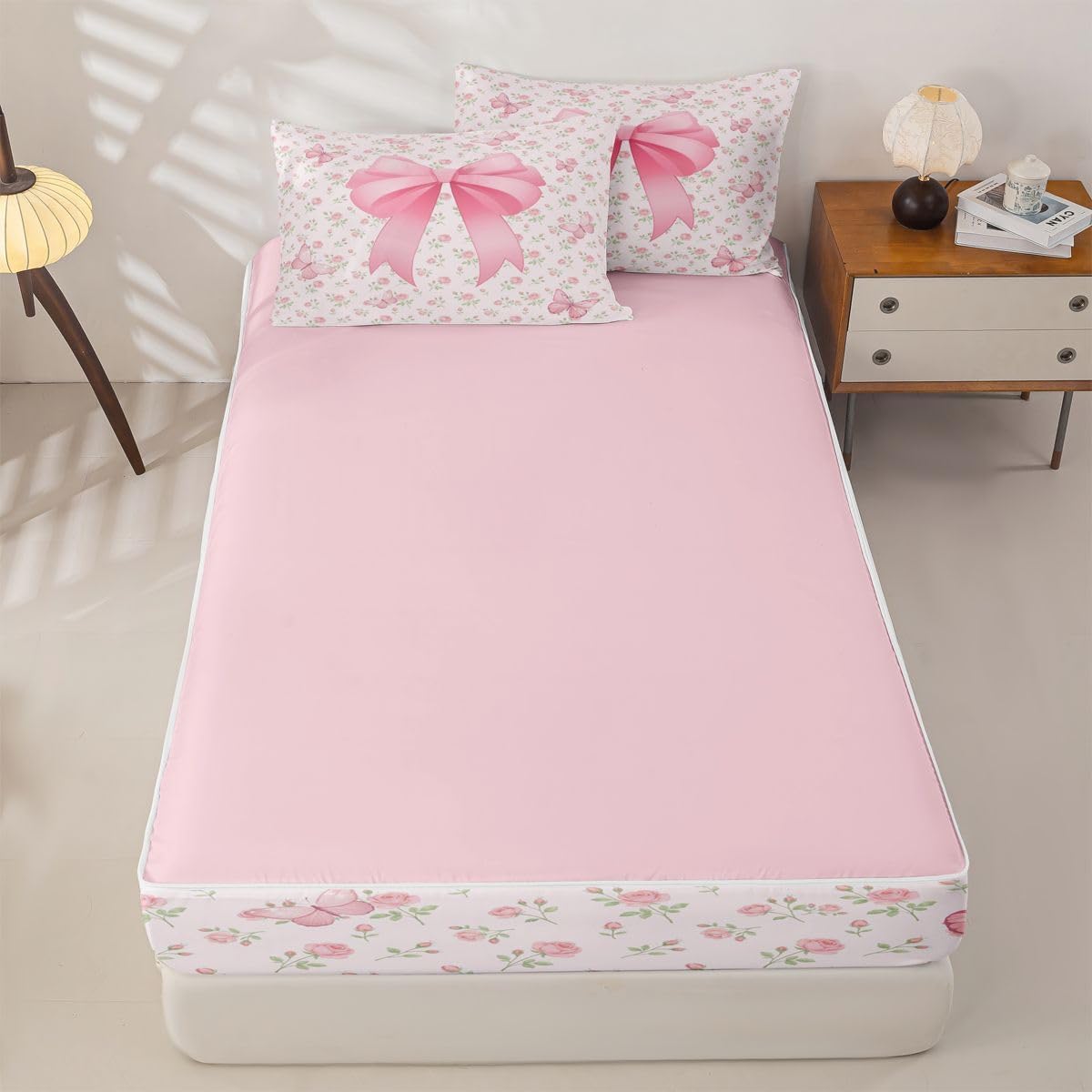 Feelyou Cute Bow Comforter Set Queen Size Zipper Bedding Set for Girls Boys Floral Butterfly Comforter with Fitted Sheet, Pillowcases Flower Pink Zipper Bedding Soft Breathable Bed in a Bag
