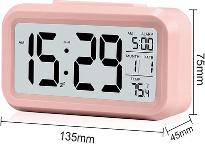 Digital Alarm Clock with LCD Display, Desk Smart Electronic Small Clock with Indoor Temperature, Date, Light Sensor, Backlight, Battery Operated, for Home Bedroom Kids Office (Pink)