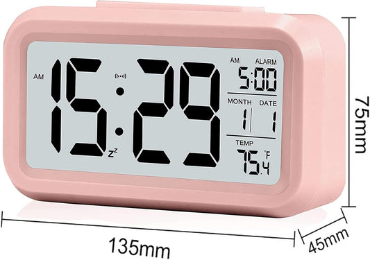 Digital Alarm Clock with LCD Display, Desk Smart Electronic Small Clock with Indoor Temperature, Date, Light Sensor, Backlight, Battery Operated, for Home Bedroom Kids Office (Pink)