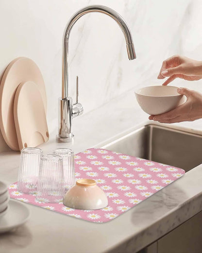 White Daisy Floral Drying Mats for Kitchen Counter, Light Pink Microfiber Absorbent Dish Drainer/Rack Mat,Reversible Hangding Quick Drying kitchen Decor,18x24 Machine Washable