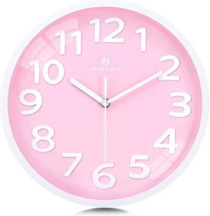 Lafocuse 12 Inch Silent 3D Numbers Pink Wall Clock Girls Bedroom, Battery Operated Pink Clock Wall for Living Room Decor