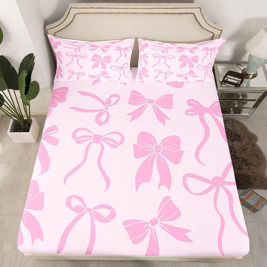 Feelyou Bow Fitted Sheet Queen Size for Kids Boys Girls Cute Bowknot Bed Sheets Set 16" Deep Pocket Soft Breathable Microfiber Pink Peach Bedding with 2 Pillowcases Room Decor
