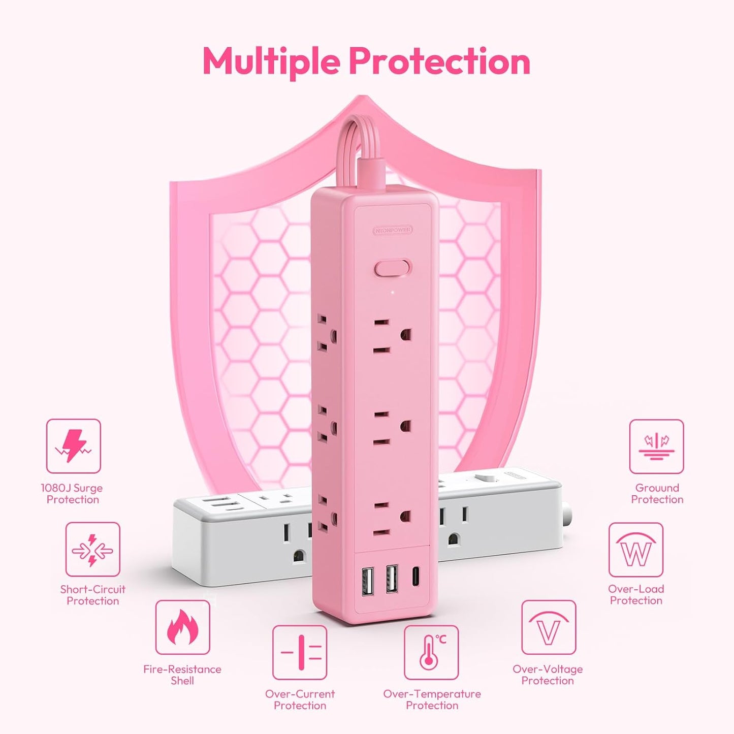 Pink Power Strip, NTONPOWER Power Strip Flat Extension Cord 15FT, 9 Outlets 3 USB Ports(1 USB C), Wall Mount, 1080J, Multiple Outlets for Home, Dorm, Vanity Desk, Nightstand,Women