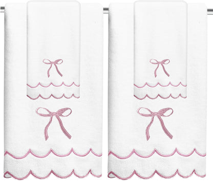 4 Pcs Scalloped Towels for Bathroom 100% Cotton 2 Bath Towels 2 Hand Towels Scallop Bathroom Towels Embroidered Dish Towel Decorative Soft Bath Towel for Kitchen (Bow Pink, 2*Bath+2*Hand towel)