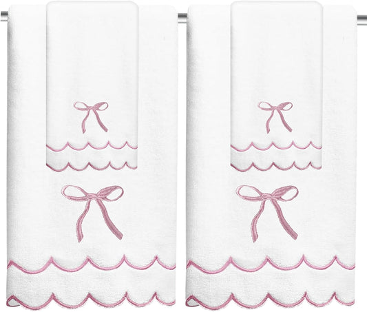 4 Pcs Scalloped Towels for Bathroom 100% Cotton 2 Bath Towels 2 Hand Towels Scallop Bathroom Towels Embroidered Dish Towel Decorative Soft Bath Towel for Kitchen (Bow Pink, 2*Bath+2*Hand towel)